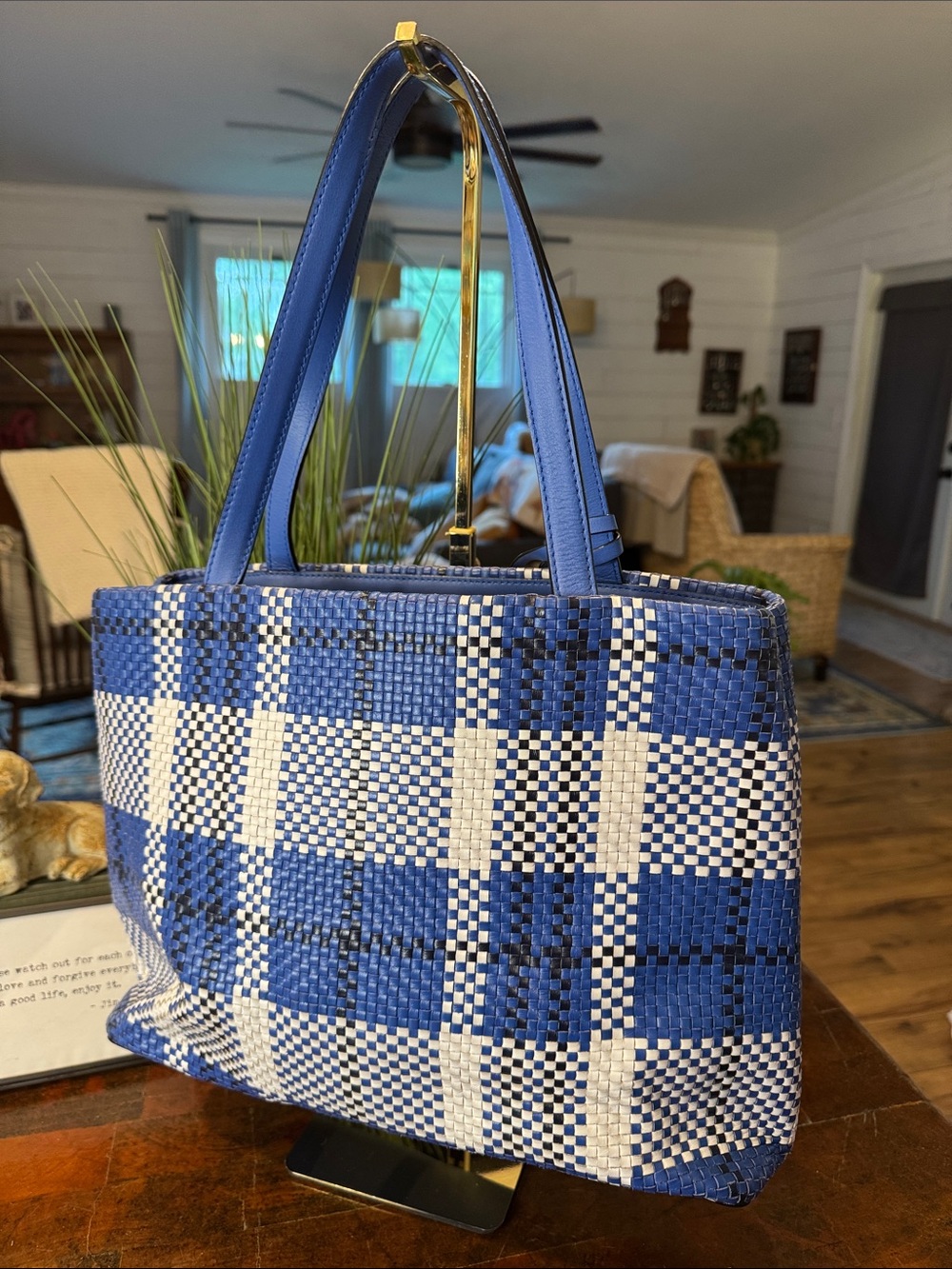 kate spade Blue and White Woven Plaid Tote - Picture 7 of 16